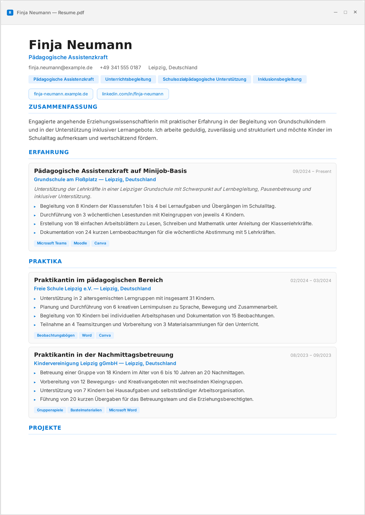 Lebenslauf-Beispiel Schulbegleitung: Einstiegs-Lebenslauf einer pädagogischen Assistenzkraft mit Kleingruppenförderung, Nachteilsausgleichen aus dem Förderplan und Verhaltensbegleitung unter einer verantwortlichen Lehrkraft.