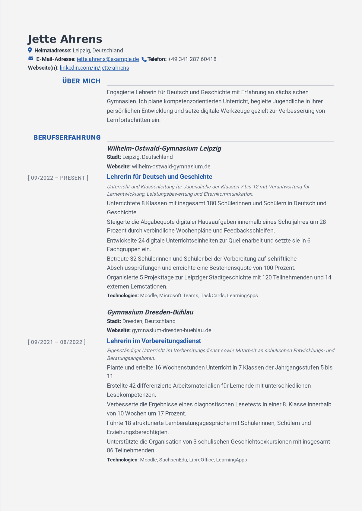 Lebenslauf-Beispiel Gymnasiallehrer mit Berufserfahrung: Lebenslauf einer Fachlehrkraft mit besseren Prüfungsergebnissen, Förderergebnissen und Verantwortung bei der Unterrichtsentwicklung.