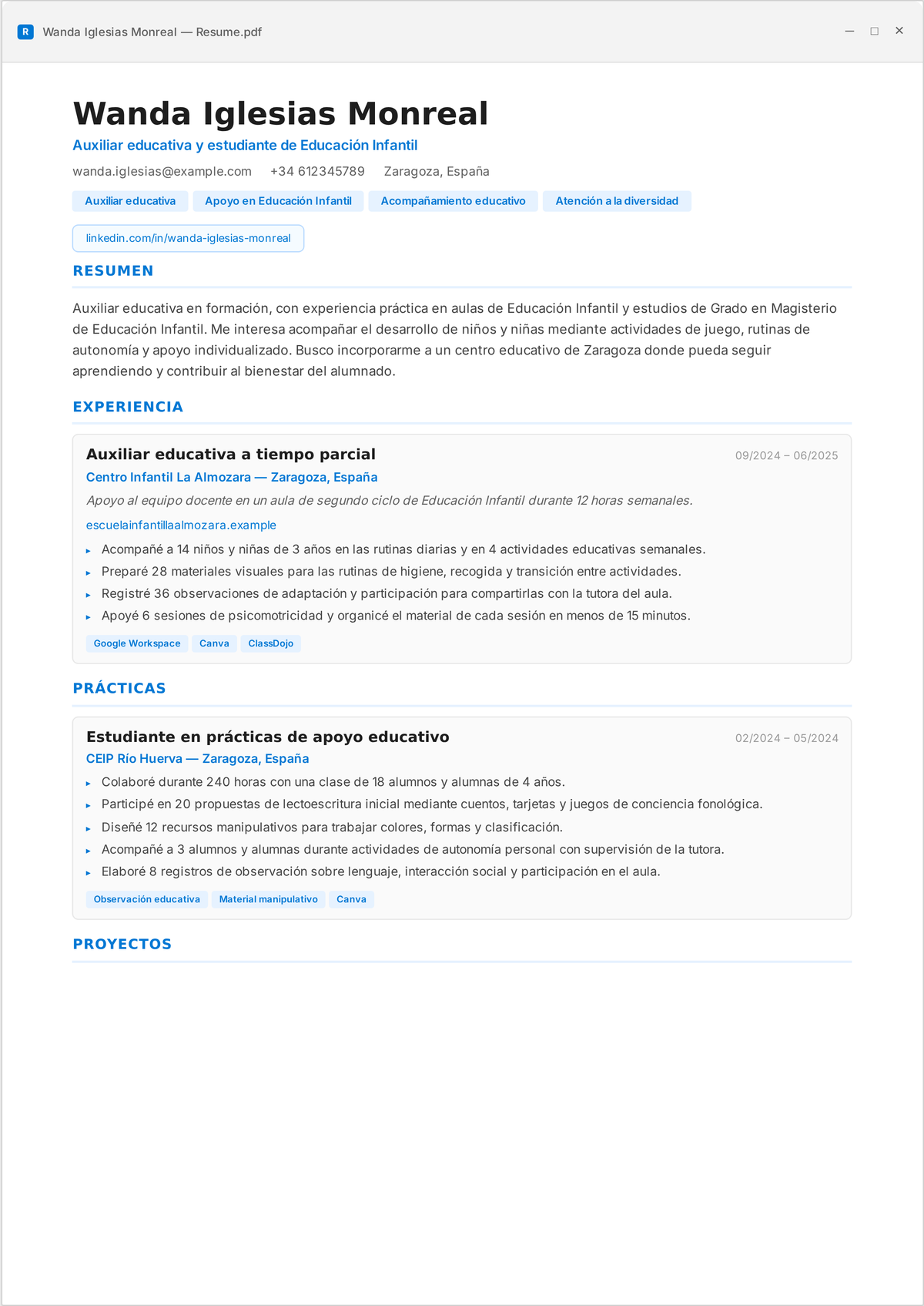 Ejemplo de currículum de auxiliar técnico educativo: currículum de nivel inicial que muestra apoyo en pequeño grupo, adaptaciones curriculares y apoyo conductual bajo la dirección del maestro tutor.