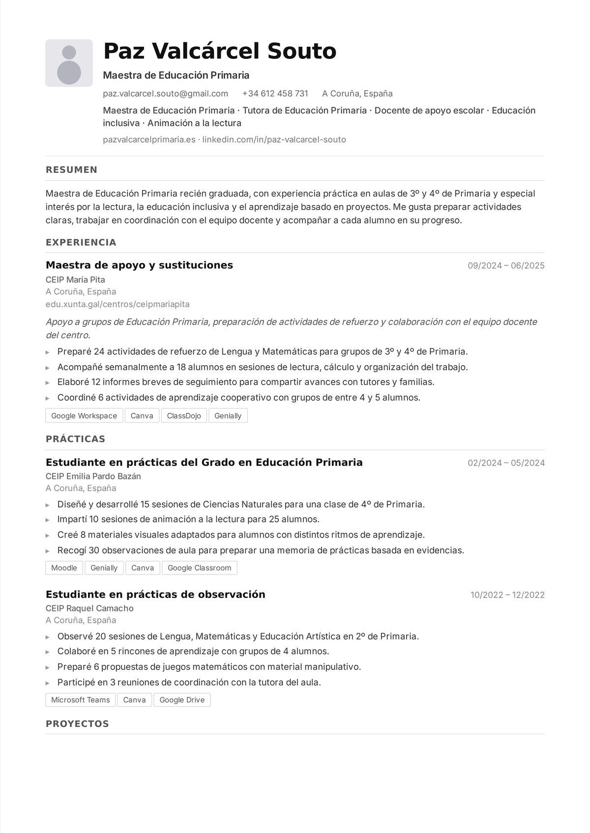 Ejemplo de currículum de maestro de Educación Primaria: currículum de una página con la titulación y la habilitación por delante, un perfil orientado a resultados y logros de aula cuantificados.