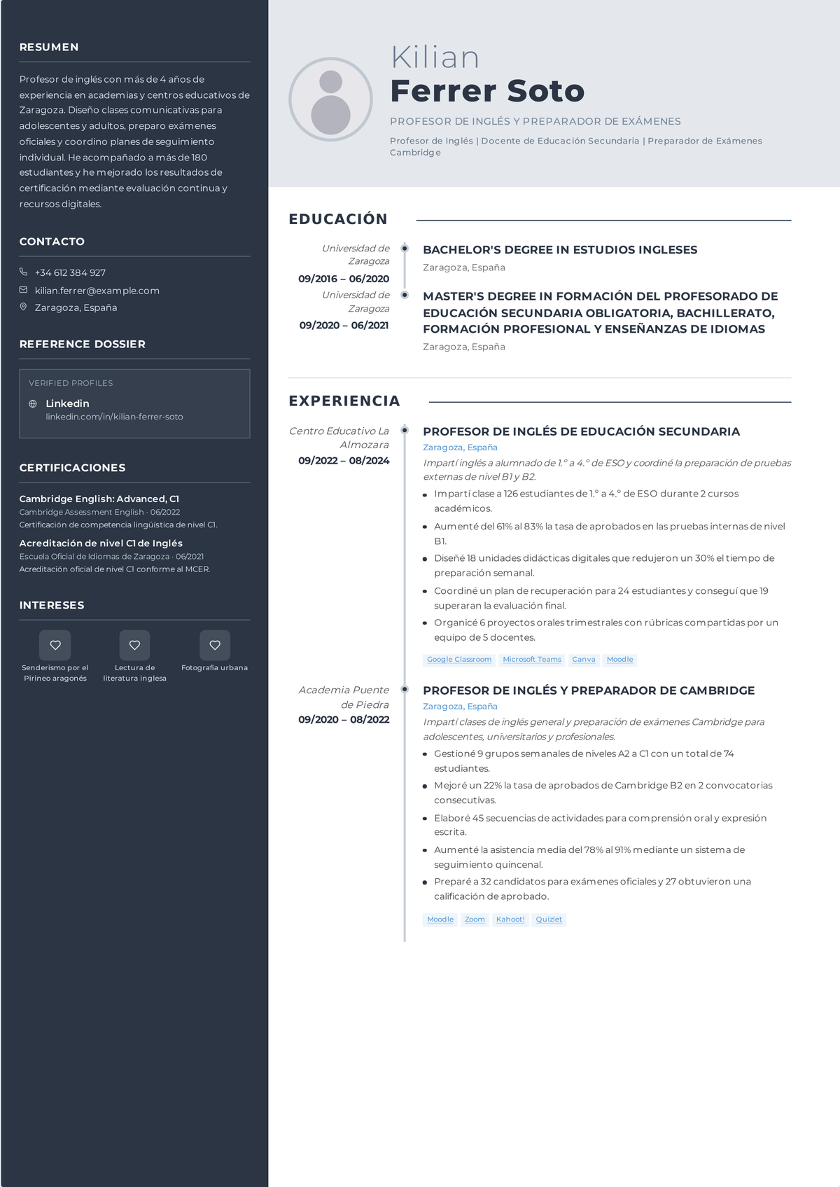 Ejemplo de currículum de profesor de idiomas o apoyo lingüístico: currículum con experiencia encabezado por la habilitación en el idioma, con avances de nivel del MCER y apoyo dentro del aula en todos los cursos.