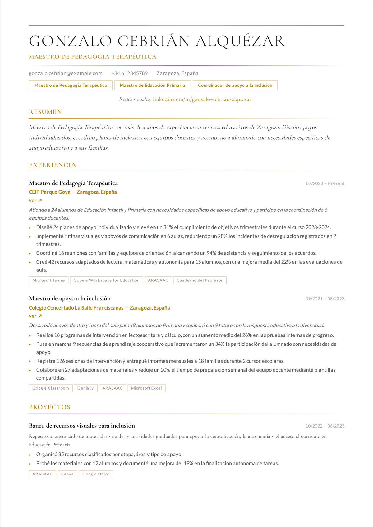 Ejemplo de currículum de maestro de Educación Especial (PT): currículum con experiencia centrado en la coordinación de adaptaciones curriculares, el apoyo conductual y avances medibles del alumnado.