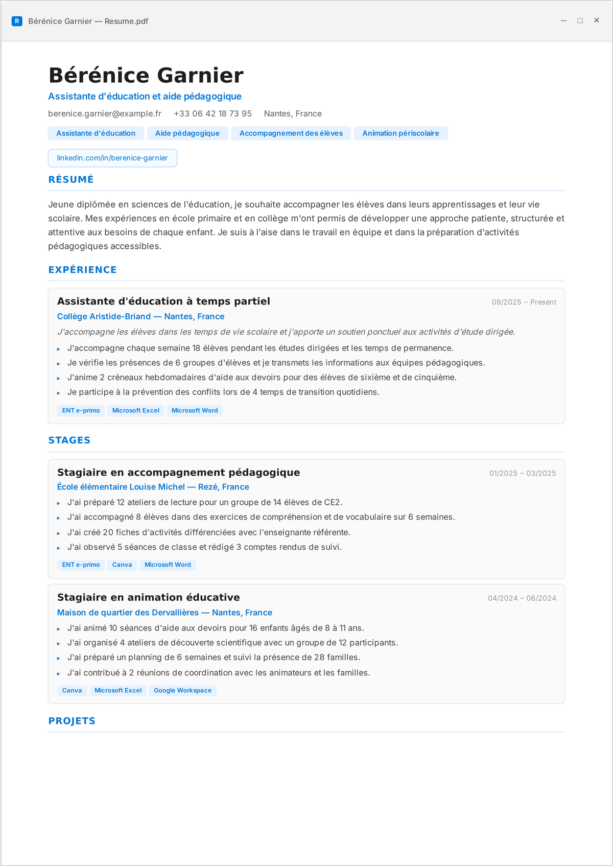 Exemple de CV d'assistant d'éducation : le CV d'un AESH débutant montrant la prise en charge en petits groupes, l'aide aux aménagements du PPS et le soutien au comportement auprès d'un enseignant.