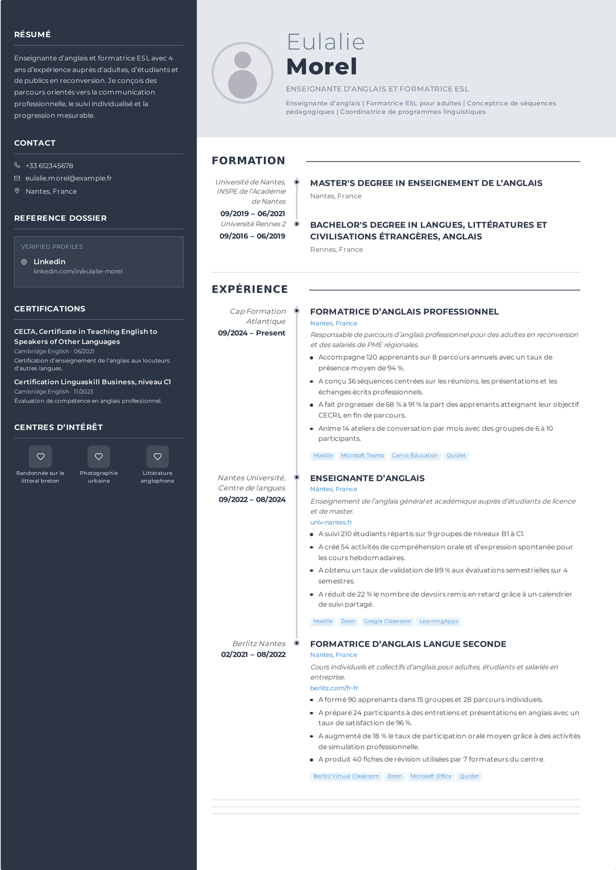 Exemple de CV d'enseignant de langue seconde : le CV d'un enseignant confirmé en UPE2A/FLS, avec la certification complémentaire FLS, des progressions de niveau au CECRL et un accompagnement en co-intervention sur tous les niveaux.
