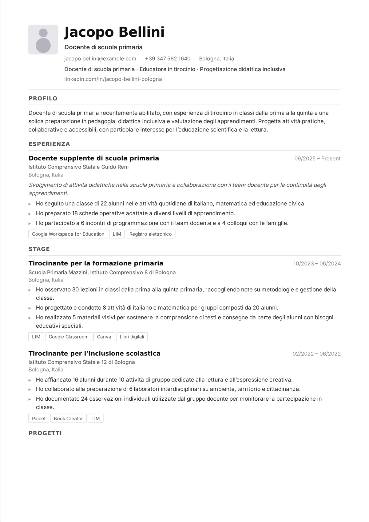 Esempio di curriculum per insegnante di scuola primaria: curriculum di una pagina di una maestra di primaria con l'abilitazione in alto, un profilo centrato sui risultati e traguardi in aula con i numeri.