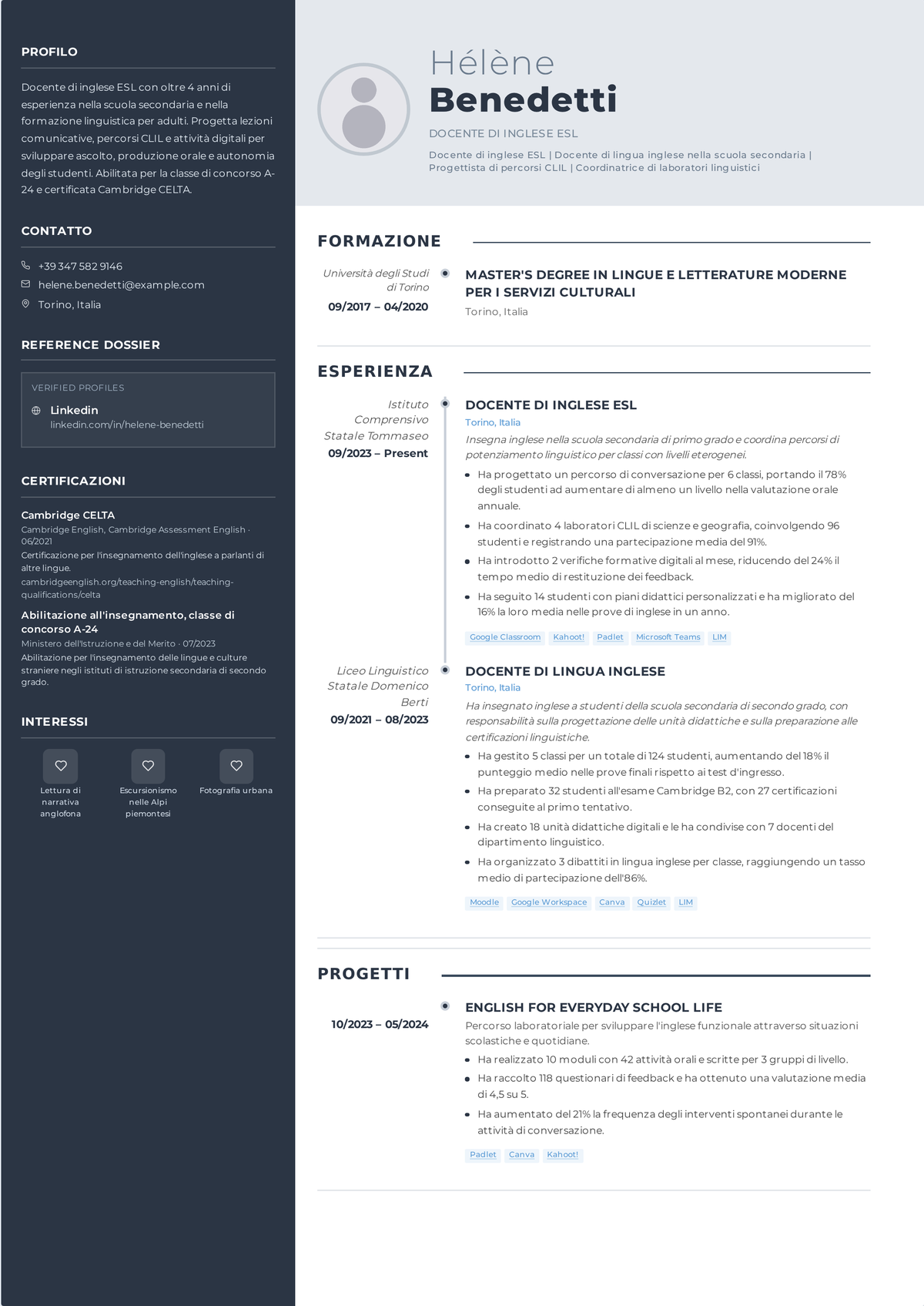 Esempio di curriculum per insegnante di italiano L2: curriculum a esperienza intermedia con la certificazione per l'italiano L2 in alto, i progressi tra i livelli del QCER e l'affiancamento sugli ordini di scuola.