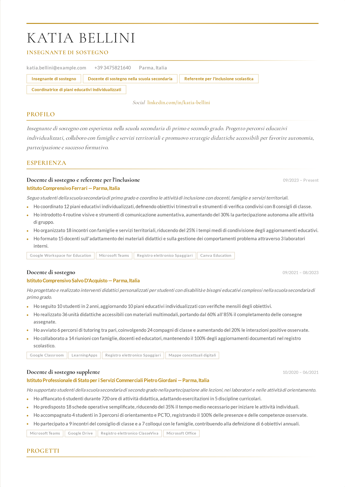 Esempio di curriculum per insegnante di sostegno: curriculum a esperienza intermedia centrato sulla gestione del PEI, sul supporto al comportamento e sui progressi misurati degli studenti.