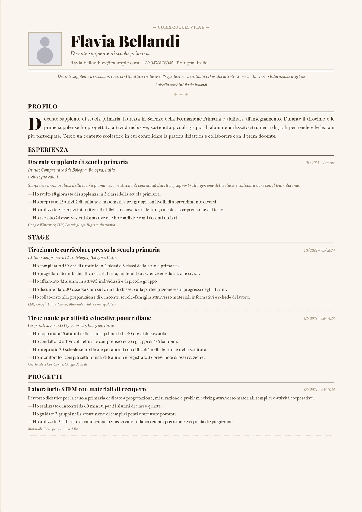 Esempio di curriculum per insegnante supplente: curriculum di livello iniziale di un supplente che mette in evidenza la versatilità sugli ordini di scuola, l'affidabilità e la gestione della classe in più istituti.