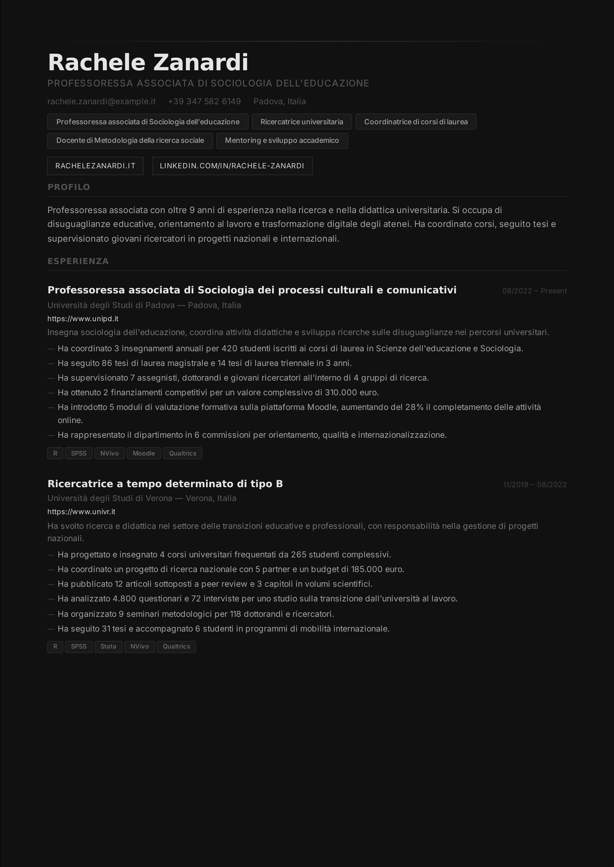 Esempio di curriculum per docente universitario: curriculum di un docente senior più vicino a un CV accademico, con i carichi didattici, la progettazione dei corsi e la supervisione degli studenti.