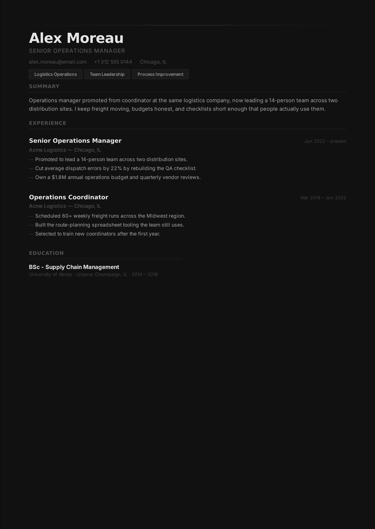 Resume showing multiple positions at the same company — Senior Operations Manager and Operations Coordinator listed separately under Acme Logistics