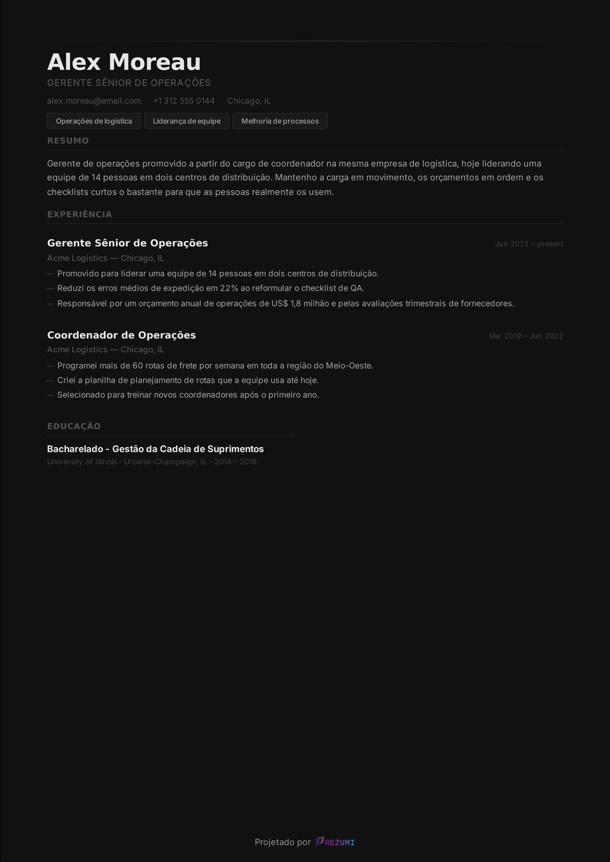 Currículo mostrando vários cargos na mesma empresa — Gerente Sênior de Operações e Coordenador de Operações listados separadamente sob a Acme Logística