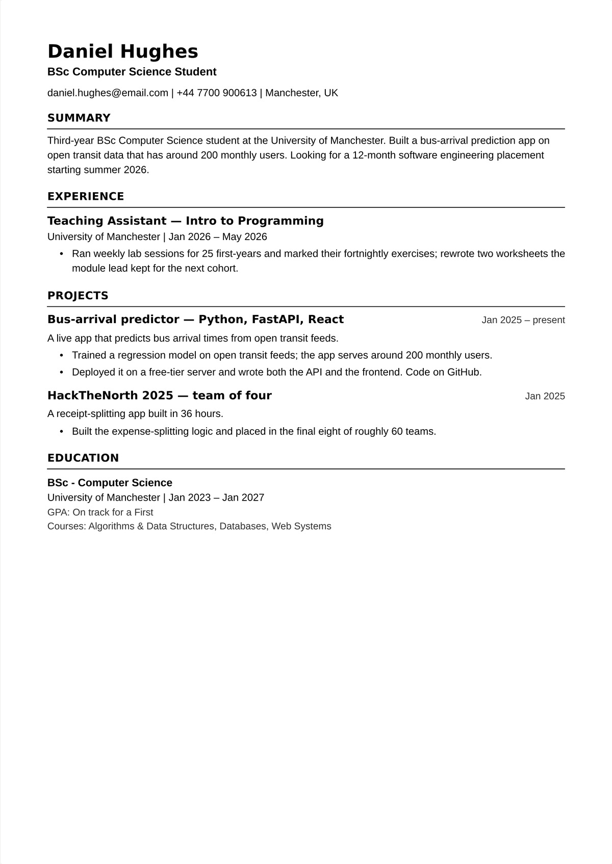 Student CV example for computer science — a third-year CS student's one-page CV led by projects with the tech stack named in each title