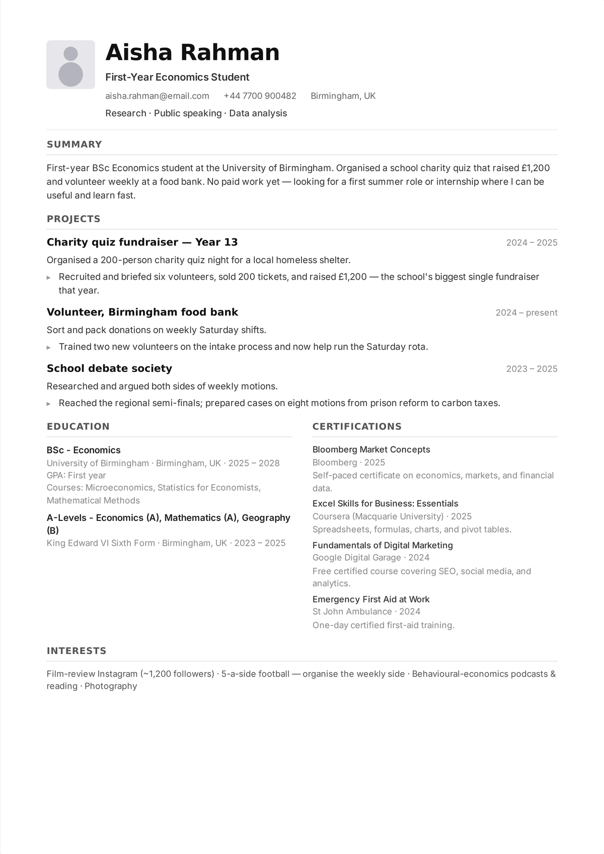 Student CV example with no work experience — a first-year economics student's one-page CV filled with projects, education, certifications, free online courses, languages, and interests in place of a job history