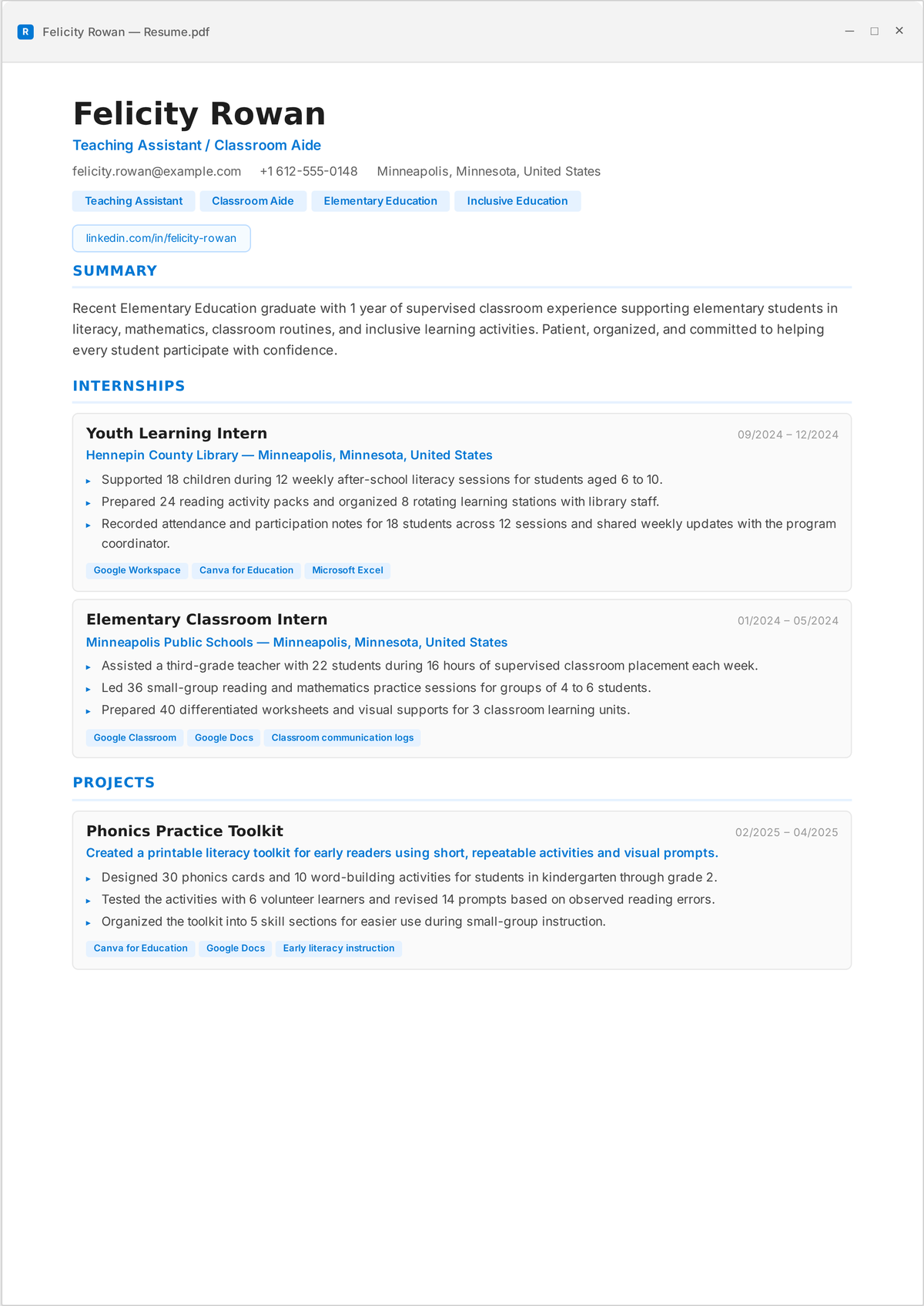 Teaching assistant resume example: an entry-level paraprofessional's resume showing small-group support, IEP accommodations, and behavior support under a lead teacher.