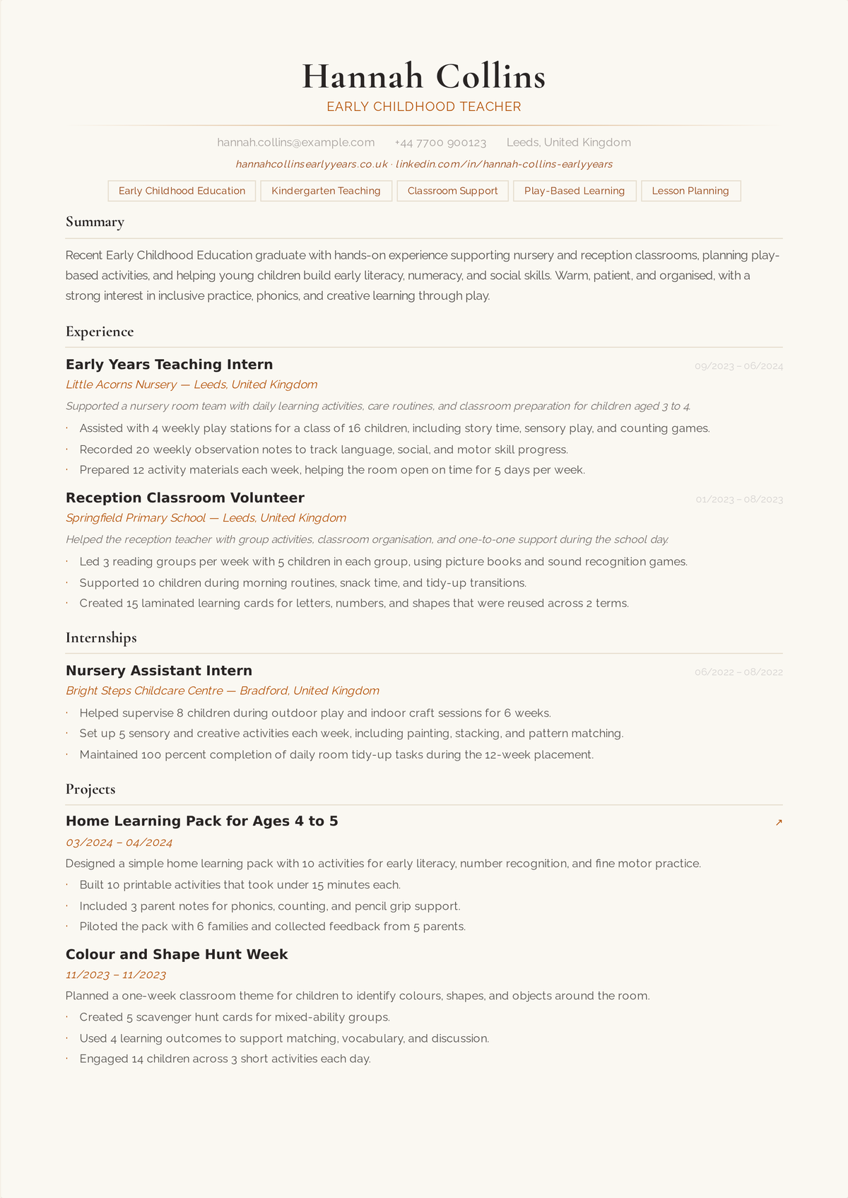 Early-childhood teacher resume example: a kindergarten teacher's one-page resume led by an early-childhood credential, a play-based summary, and classroom bullets with numbers.