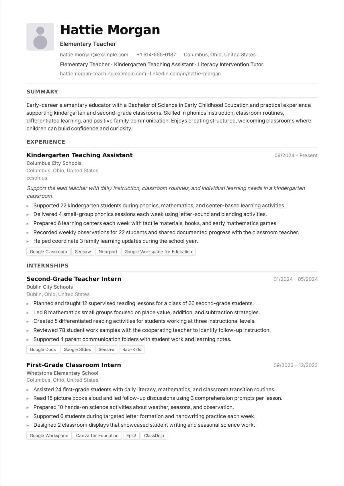 Elementary teacher resume example: a K-5 teacher's one-page resume with state certification first, a results-focused summary, and quantified classroom achievements.