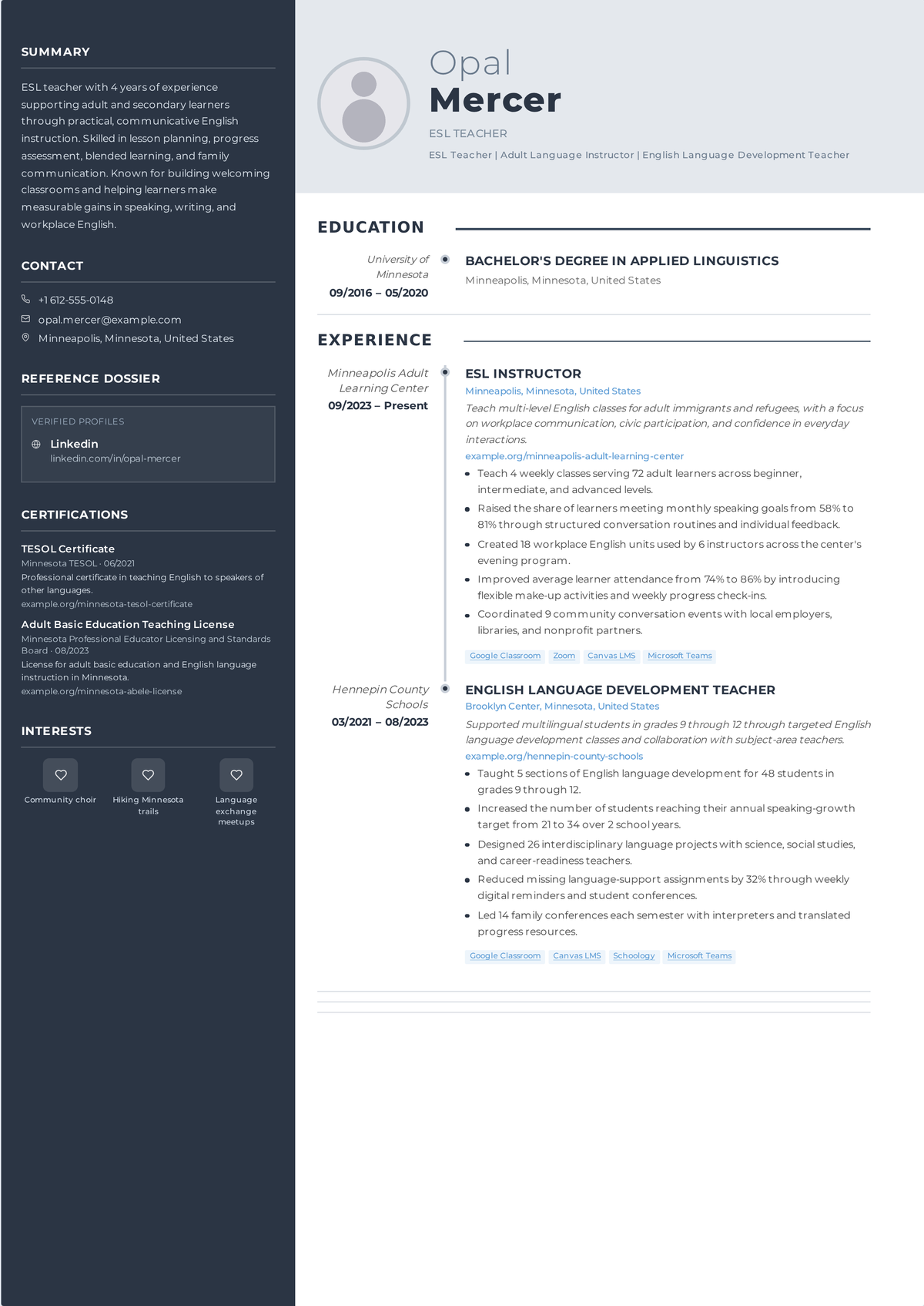 ESL teacher resume example: a mid-career English-language teacher's resume led by a TESOL/ESL endorsement, with proficiency-level gains and push-in support across grades.