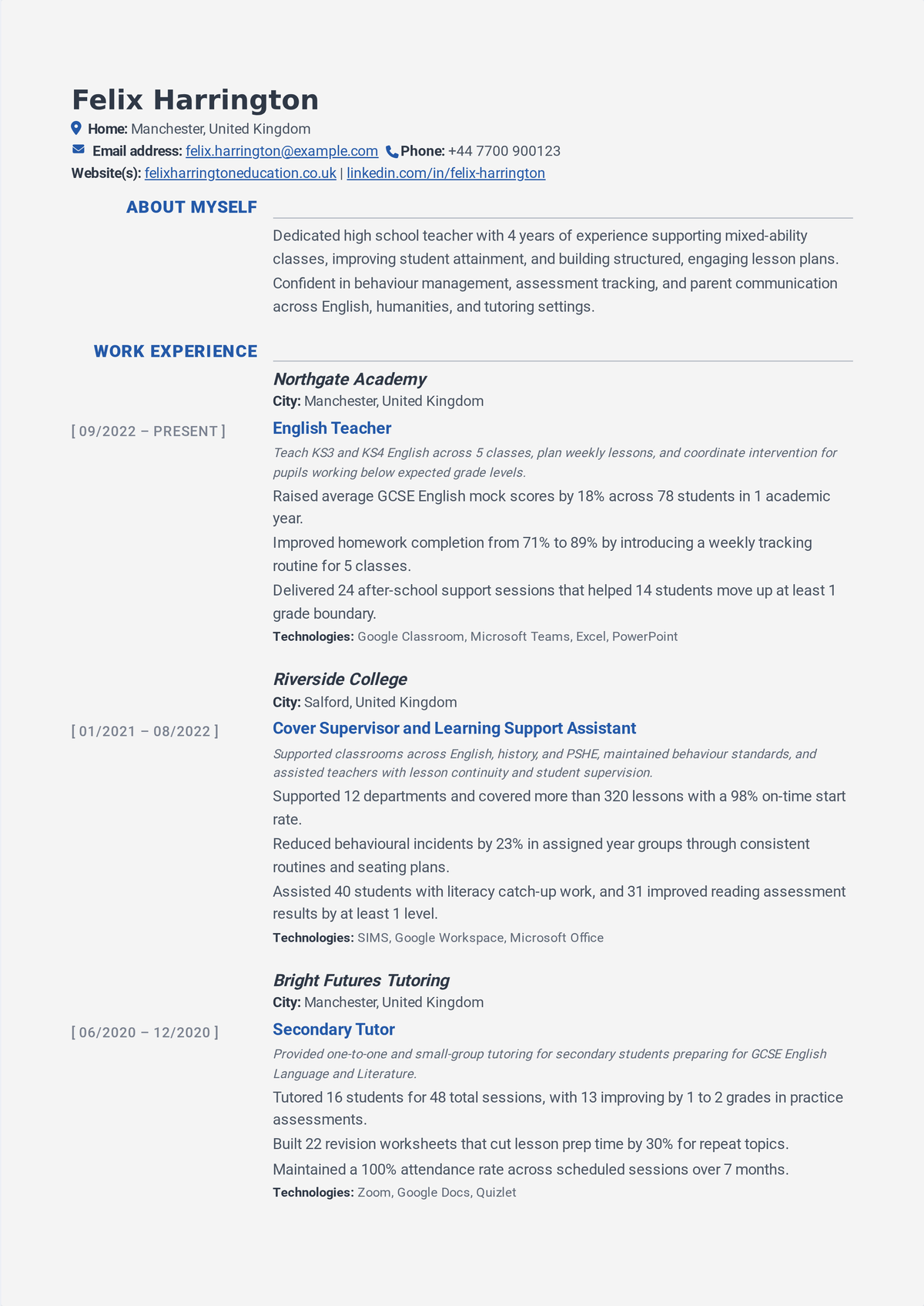 Mid-career high-school teacher resume example: a subject teacher's resume showing exam-score gains, intervention results, and curriculum leadership.