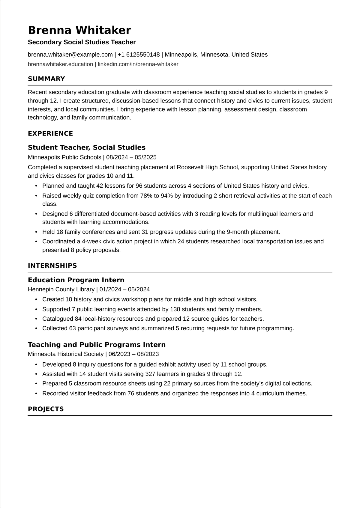 Secondary teacher resume example: an entry-level high-school subject teacher's resume foregrounding a single-subject certification and evidence of managing a full class load.