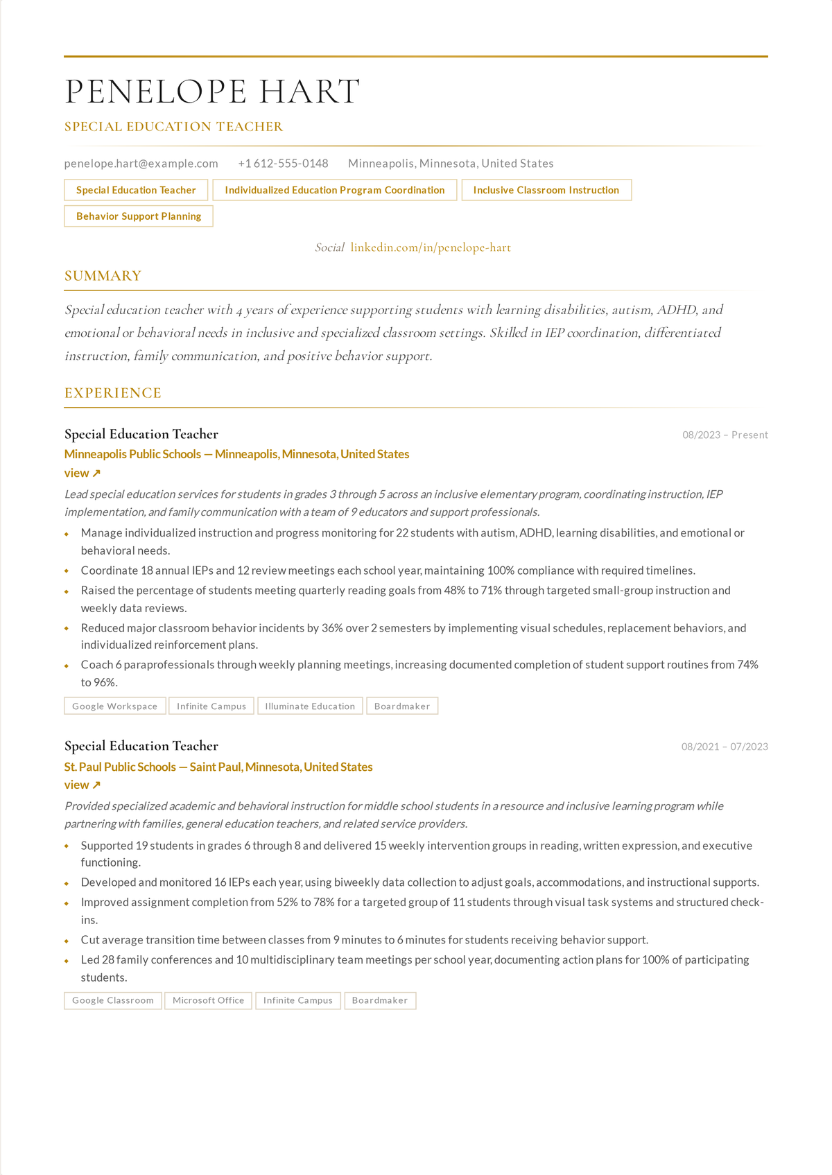 Special education teacher resume example: a mid-career SPED teacher's resume centered on IEP coordination, behavior support, and measured student gains.