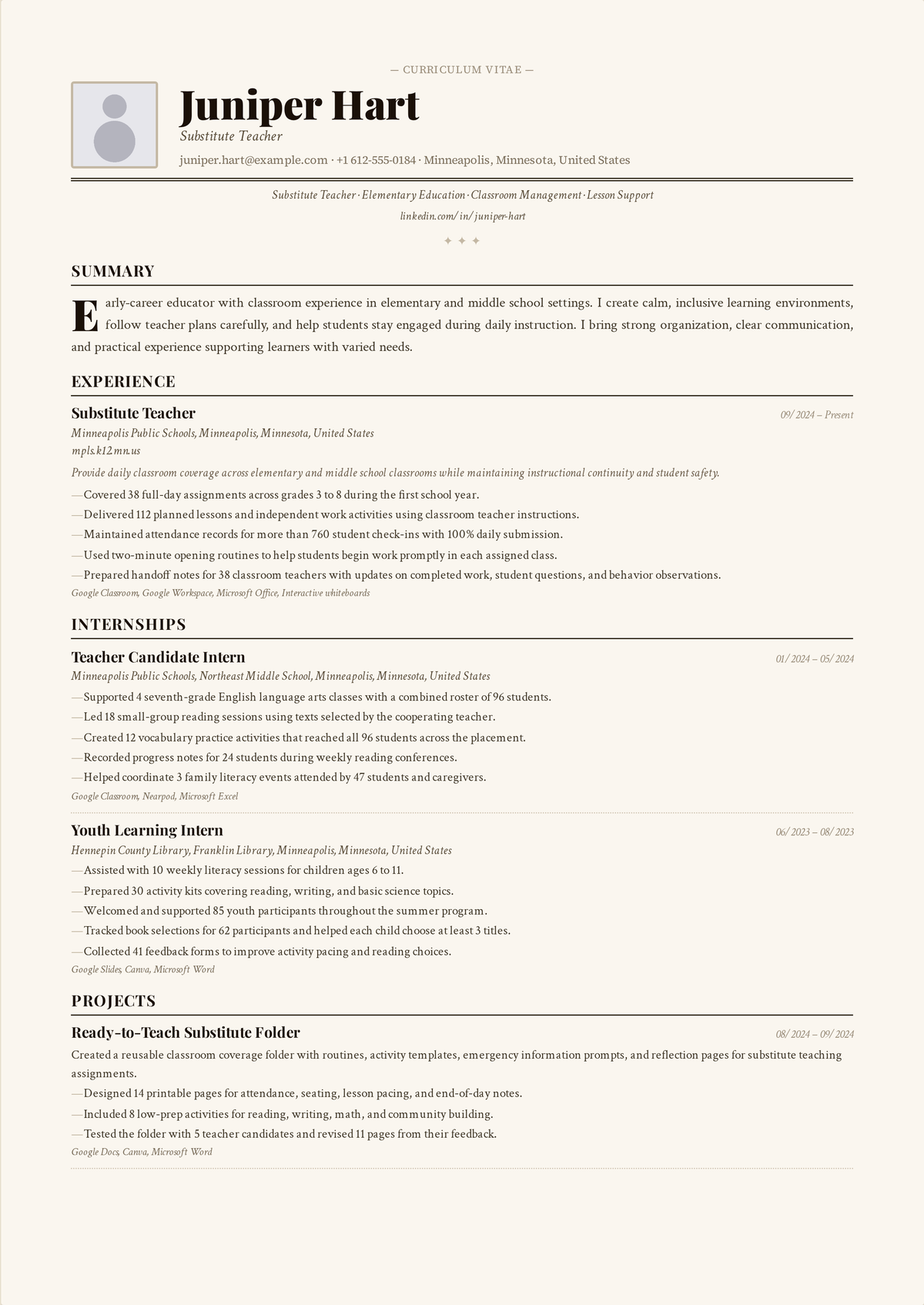Substitute teacher resume example: an entry-level substitute's resume emphasizing grade-band range, reliability, and classroom management across multiple schools.