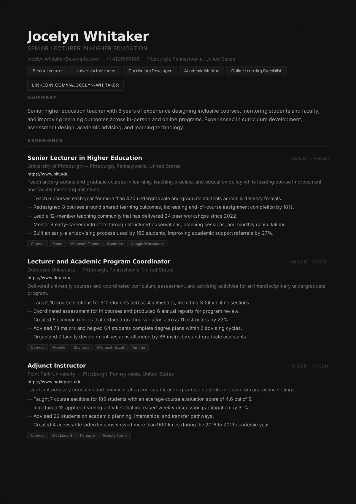 University lecturer resume example: a senior higher-education teacher's resume closer to an academic CV, with course loads, curriculum design, and mentoring.